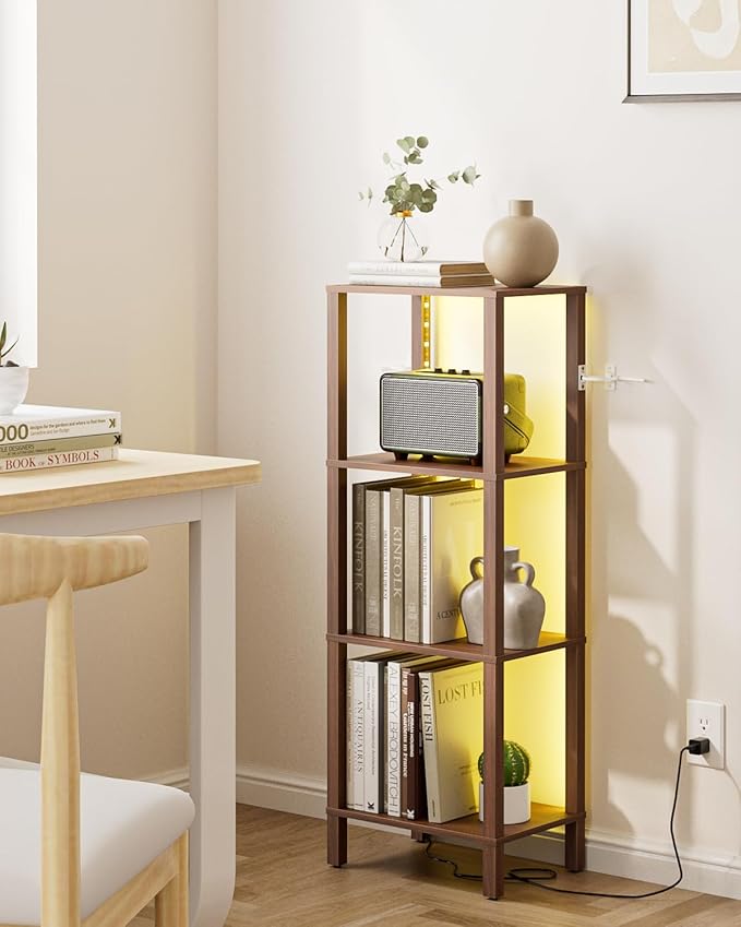 Open Book Shelf with LED Lights, 4 Tier Small Bookshelf, Freestanding Shelf Narrow Bookcase with Open Shelves, 14.96" x 10.63" x 41.26", Book Shelves for Living Room, Office, Study, Walnut
