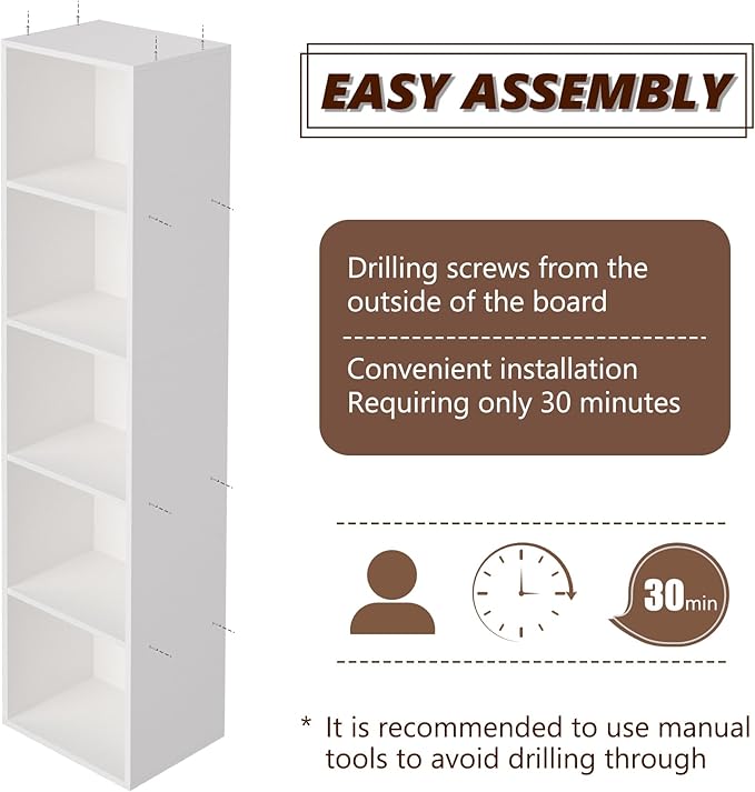 5-Tier Wooden Cube Storage Organizer, 52 Inch Tall Bookcase & Display Shelf with 5 Open Cubes, Freestanding DIY Closet Shelving Unit for Living Room Bedroom Office (White, 5 Cube-W(11.8inch)