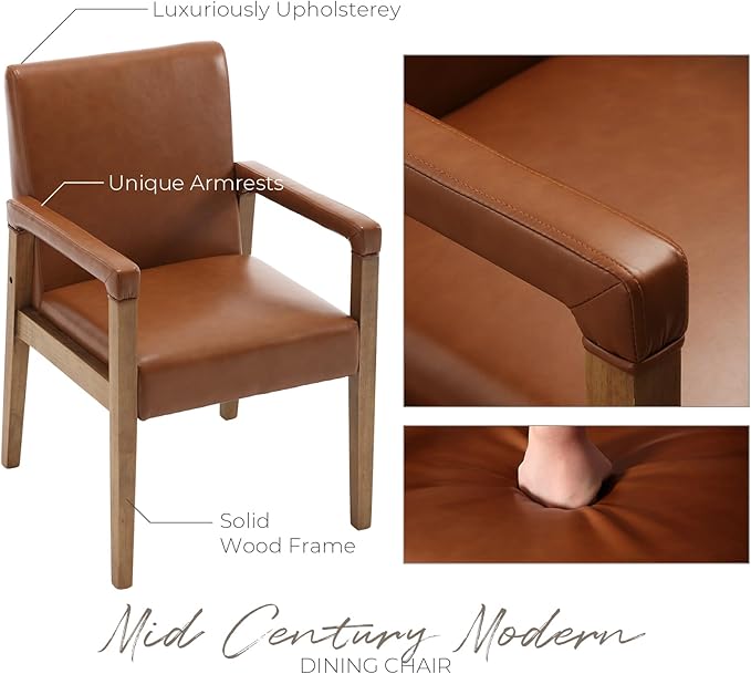 Mid Century Modern Dining Chairs Set of 6 Faux Leather Upholstered Living Room Side Chair, Kitchen Arm Chair with Solid Wood Legs for Home Kitchen & Restaurant, PU Brown