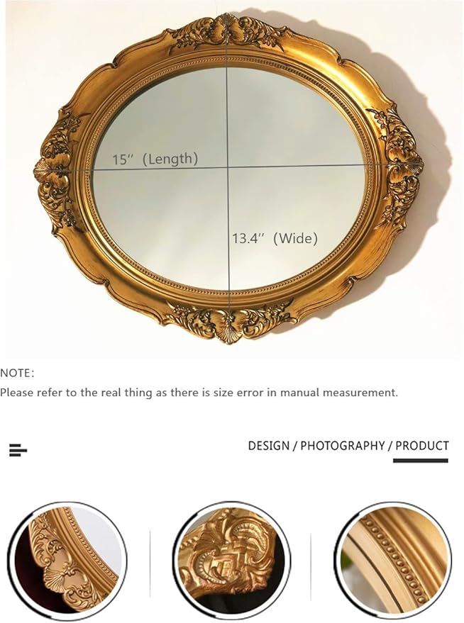 Vintage Carved Decorative Wall Mirror, Hanging Mirror for Dresser Decor Bedroom Living-Room, Cosmetics Jewelry Dresser Organizer Tray (15”x 13.4”) (Golden-Oval)