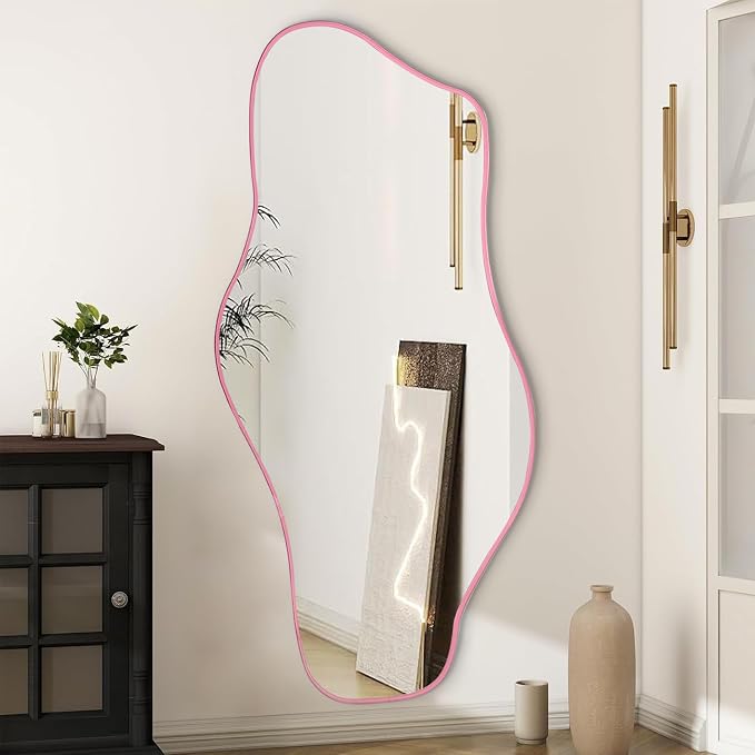 Large Irregular Mirror, 63"x30" Pink Asymmetrical Tempered Glass Mirror Full Length, Organic Frameless Wall Mirrors for Entryway Hallway Bedroom Living Room, Horizontal or Vertical Hanging