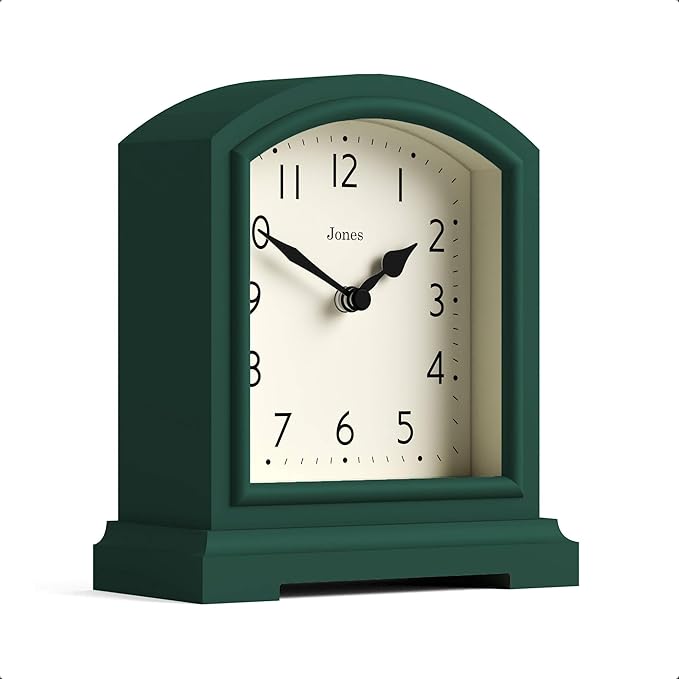 JONES CLOCKS® Tavern Mantel Clock | Modern Arch top Design | Dark Green | Contemporary Classic Style for Desk, Table, Shelf or Bedside