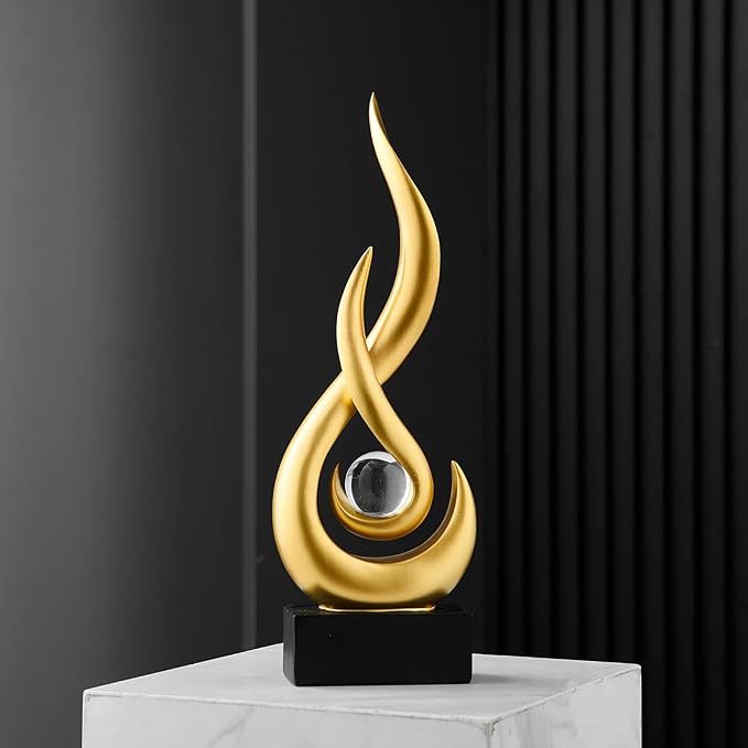 Octdays Gold Abstract Statue Sculpture Decorations, Modern Sculptures Home Décor Accents, Resin Art Flame Figurines for Living Room Table Centerpiece Office Desk TV Stand Decor