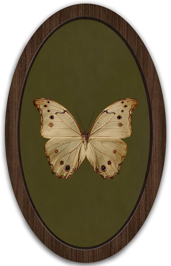 UYIKG Vintage White Butterfly Oval Wall Art Decor,Vintage Antique Moth Rustic Farmhouse Oval Wooden Framed Decor for Home Bedroom Living Room Reading Room 9x14.6 in