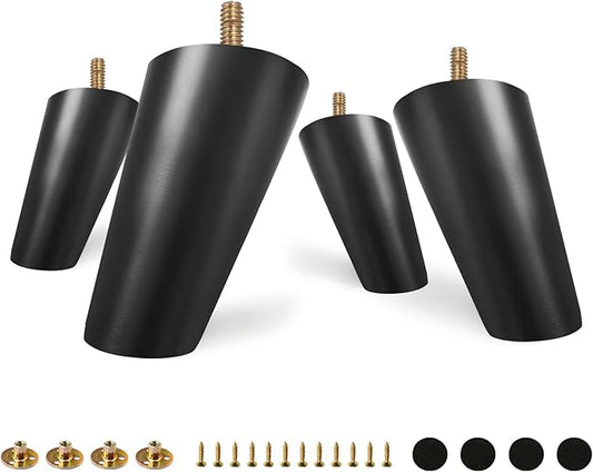 FoDau770 Black Rubber Wood Furniture Legs 4 Inches, Slant Tapered Wood Feet Mid Century Sofa Legs Set of 8, 5/16" UNC Furniture Feet Replacement Parts for Cabinet Couch Dresser Chair Ottoman Table