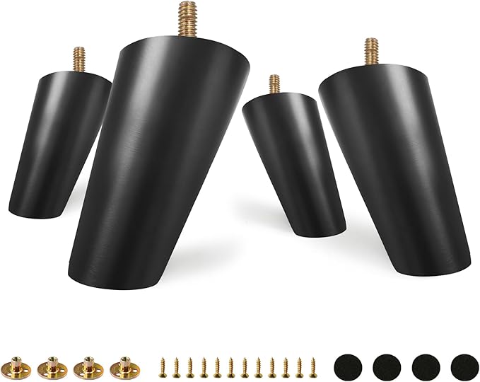 FoDau770 Black Rubber Wood Furniture Legs 4 Inches, Slant Tapered Wood Feet Mid Century Sofa Legs Set of 4, 5/16" UNC Furniture Feet Replacement Parts for Cabinet Couch Dresser Chair Ottoman Table