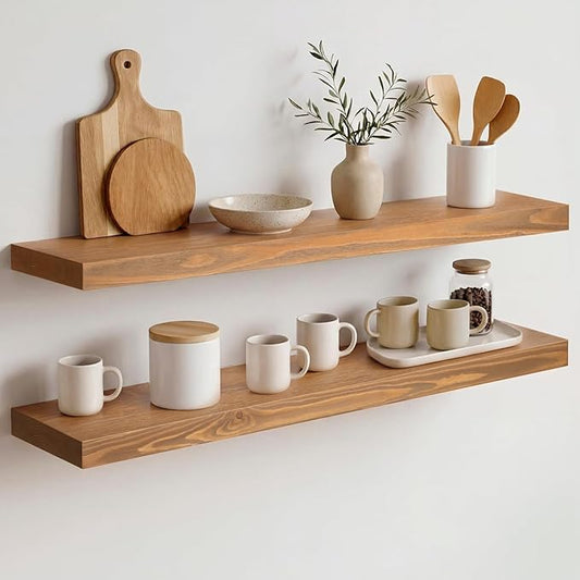 Homeforia 30 inch Golden Oak Floating Shelf, High End Solid Real Wood 30inch Small Floating Shelves for Wall Mounted, Oak Wooden 30in Floating Shelves, Heavy Duty Bracket, 30 X 6.5 X 1.75 in, Set of 4