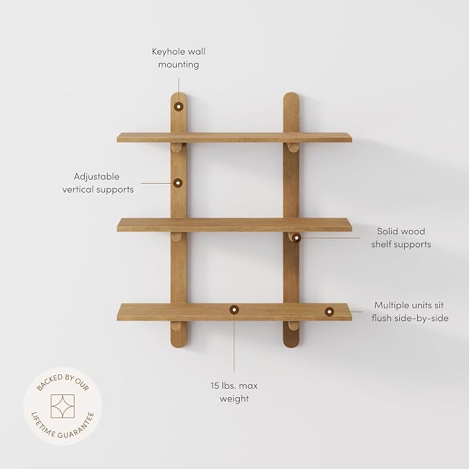 Nathan James Frankie Mid Century 3-Tier Wall Mounted Wood Shelf, Modular Wall Shelving with Solid Wood Support Frame, Light Brown