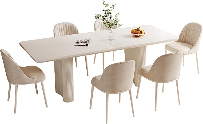 7-Piece Modern Dining Set, 78.97" Dining Table Set for 6, Rectangular Kitchen Table with 6 Chairs, White Dinner Table for 4-8 Person