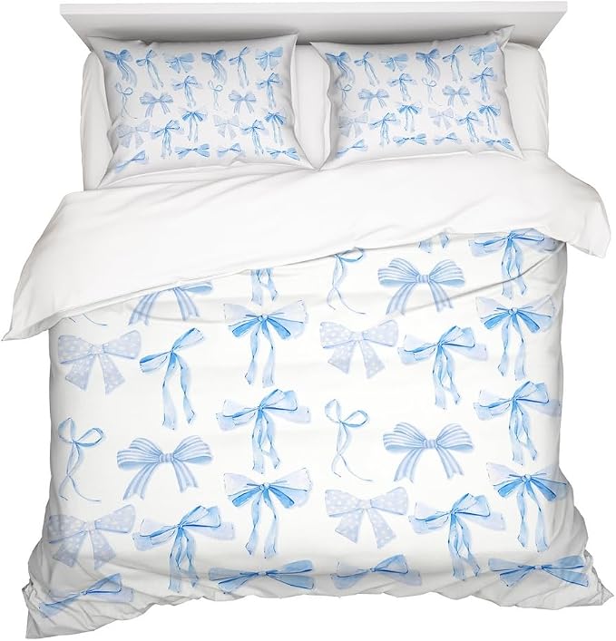 Trendy Blue Bow Duvet Cover Twin Size Dreamy Princess Style Bedding Set Bowknot Bed Cover,Kids Girls Super Soft Bedding Set for Teens Funky Preppy Coquette Girly Room Bed Decor 68"x88"