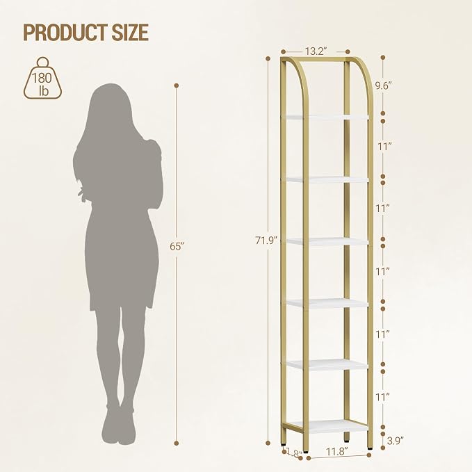 Hzuaneri Bookshelf Bookcase Narrow Bookcase Shelf Organizer with Steel Frame for Study Living Room Bedroom Kitchen Home Office Industrial Bookshelf 6-Tier White Gold BC56013A