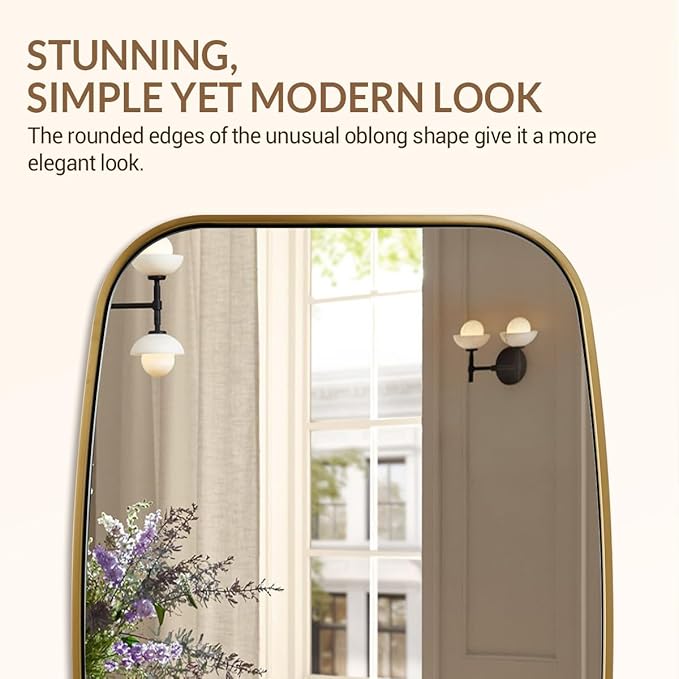 ANDY STAR Brushed Gold Oval Bathroom Mirror, 24x36 Inch Brass Oblong Mirrors for Wall, Modern Vanity Mirror in Stainless Steel Metal Tube Frame, Wall Mount Horizontal or Vertical