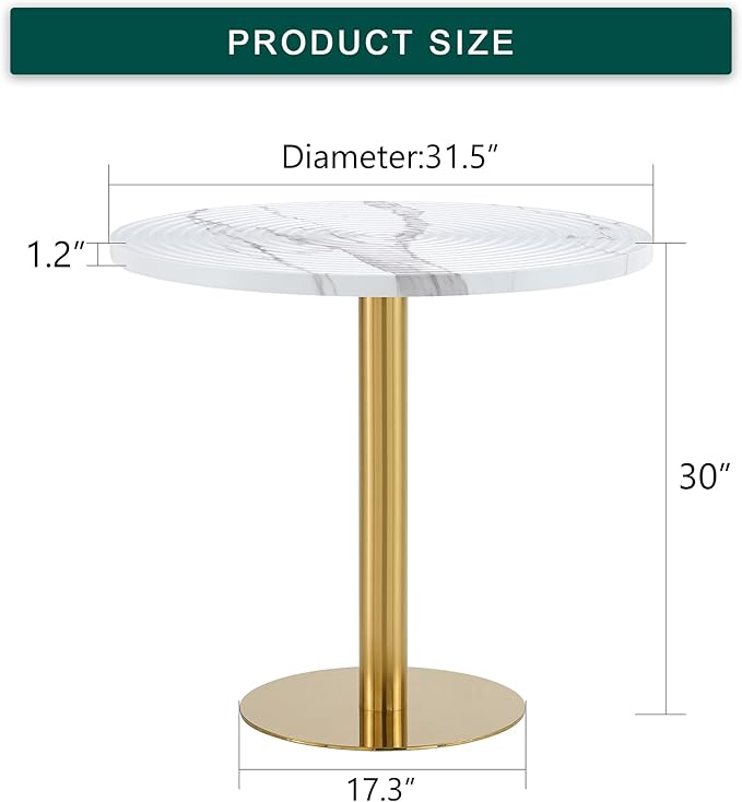 31.5 Inch Round Dining Table for 2-4 Person,Mid-Century Modern White Tulip Kitchen Table, Faux Printed Marble Top with Suction Molding Annular Texture and Gold Metal Base