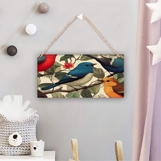 Botanical Birds Wooden Sign 12x6 Inch - Vintage Decor for Traditional Home Lovers & Bird Admirers, Suitable for Classic styles Rooms & Art Spaces