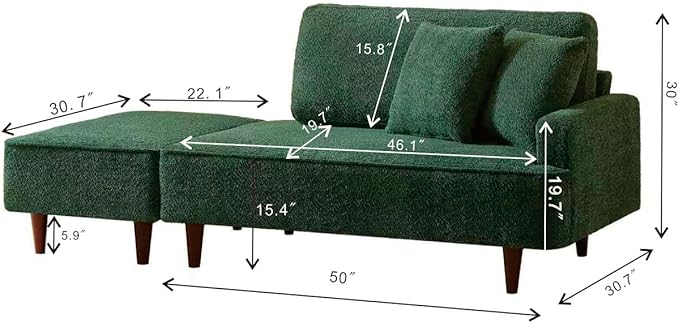 GDFStudio Upholstered Chaise Lounge Chair Indoor with Ottoman, Boucle Fabric Chaise Chair with 2 Throw Pillows and Solid Wood Legs, Recliner Lounge Chair for Office Living Room Bedroom, Green