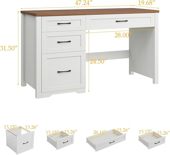 Farmhouse 47" Executive Desk with File Drawer, Wood Computer Desk with 3 Storage Drawers, Workstation for Home Office, Study, Writing