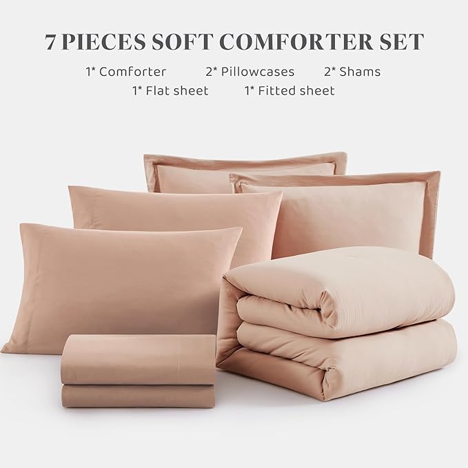 WRENSONGE Queen Comforter Set - 7 Pieces Clay Pink Soft Bed in a Bag Queen with Fitted Sheet, Flat Sheet, 2 Pillow Shams, and 2 Pillowcases- Warm Bedding Sets for All Season
