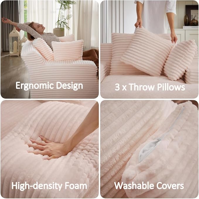 50 Inch Oversized Chaise Lounge Chair, Corduroy Upholstered Sleeper Sofa Bed with Spring Cushion, No Assembly Lazy Boneless Chaise Lounge for Bedroom Office, Pink