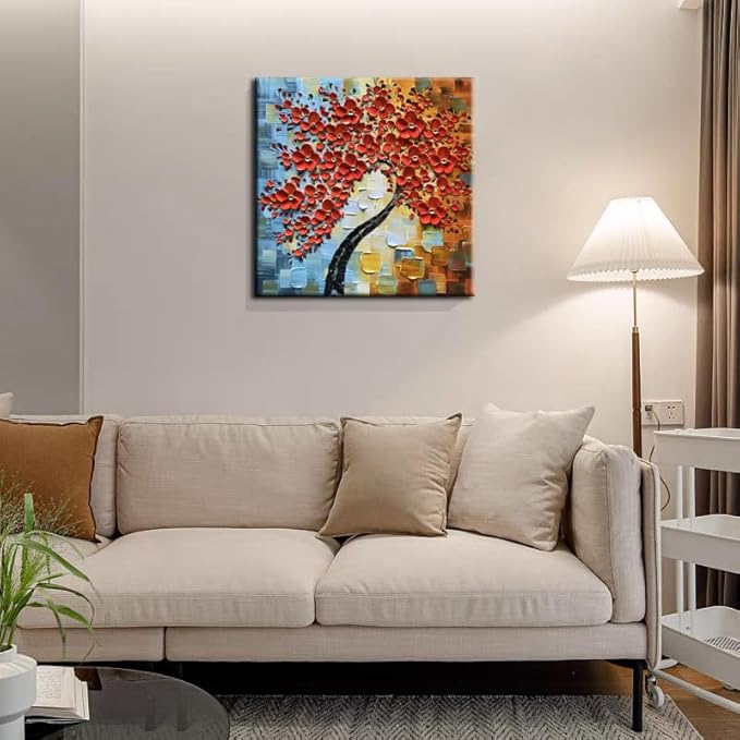 YaSheng Art - contemporary artwork handmade Oil Painting On Canvas Red Flowers Paintings Modern Home art wall decor Abstract Art picture Canvas Art Ready to hang 30x30inch