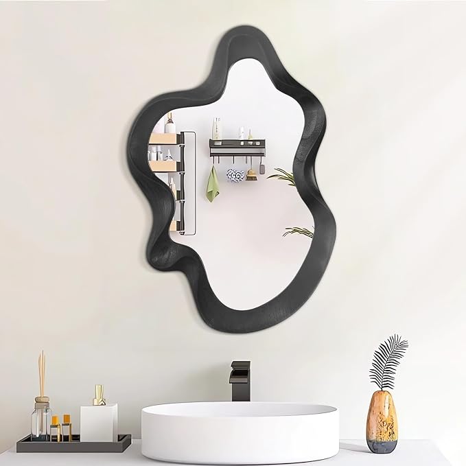 Asymmetrical Mirror for Wall Decor Large Modern Wavy Wooden Framed Wall Mirror Unique Shape Wall Mounted Vanity Artistic Wavy Mirror Decorative for Living Room Bedroom Bathroom Entryway Black