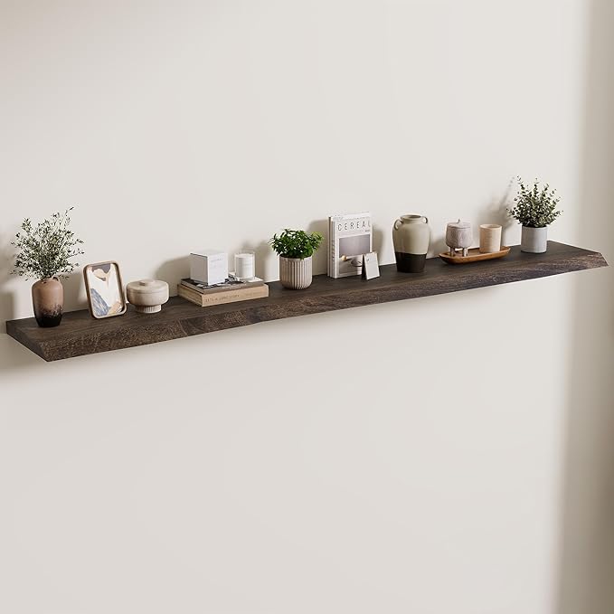 Axeman 72 inch Extra Long Floating Shelves for Wall - 8'' D Live Edge Rustic Solid Elm Wood Floating Shelves Wall Mounted, Wall Shelves with Invisible Bracket for Living Room Bedroom Kitchen, Walnut
