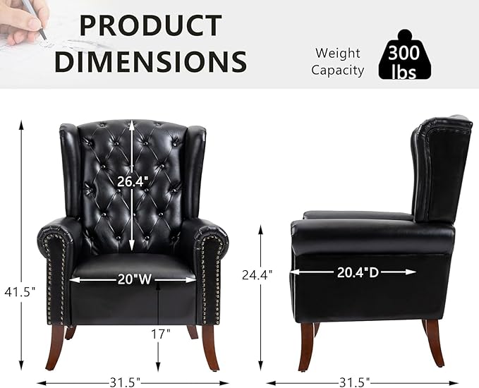 MOJAY Faux Leather Accent Chairs Set of 2, Mid-Century Modern Living Room Chairs Upholstered Club Arm Chair, Single Sofa Chair with Solid Wooden Legs for Bedroom Study Home Office Lounges (Black)
