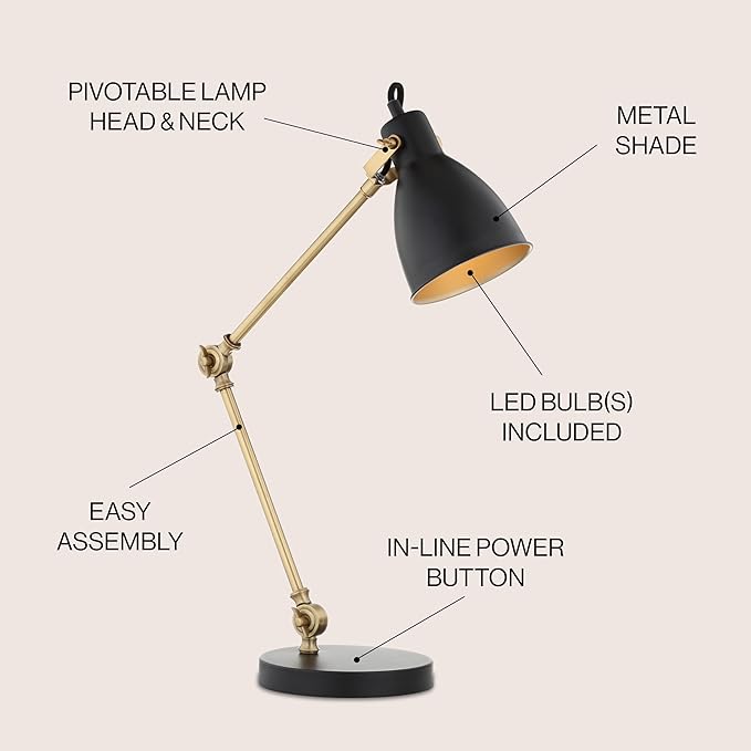 JONATHAN Y JYL6003A 24" Modern Metal Task Lamp, Adjustable Desk Lamp in Black and Brass Gold for Home Office, Reading, Contemporary Bedside Nightstand Lamp for Bedroom, Metal Shade, LED Bulb Included