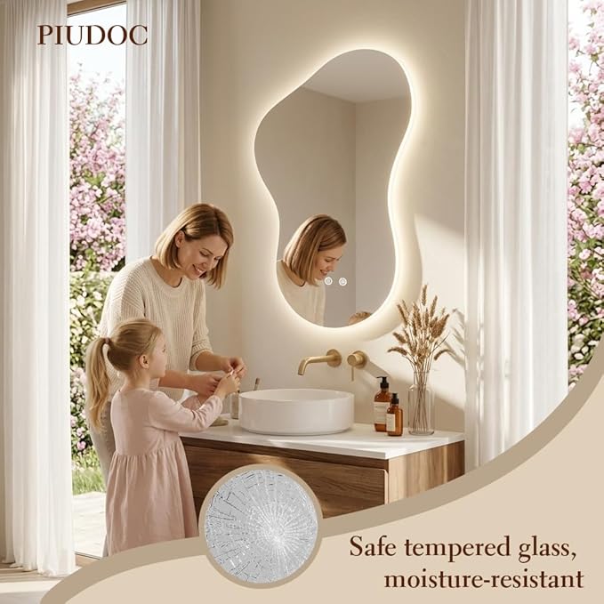20×32 Irregular Backlit Mirror Asymmetrical Bathroom Mirror with Lights LED Dimmable Mirror for Bathroom Makeup Area