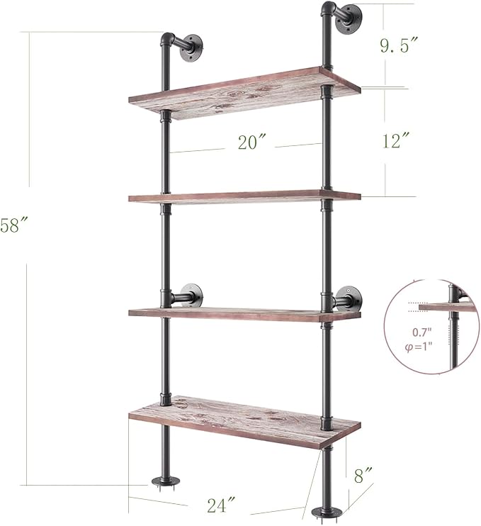 Yuanshikj 4 Tier Industrial Pipe Solid Wood Ladder Shelf/Shevles/Shelving Bookshelf/Bookcase Metal Iron Planks Rustic Wall Mounted for Living Room Decor Storage (4 Tier with 24" Solid Wood)