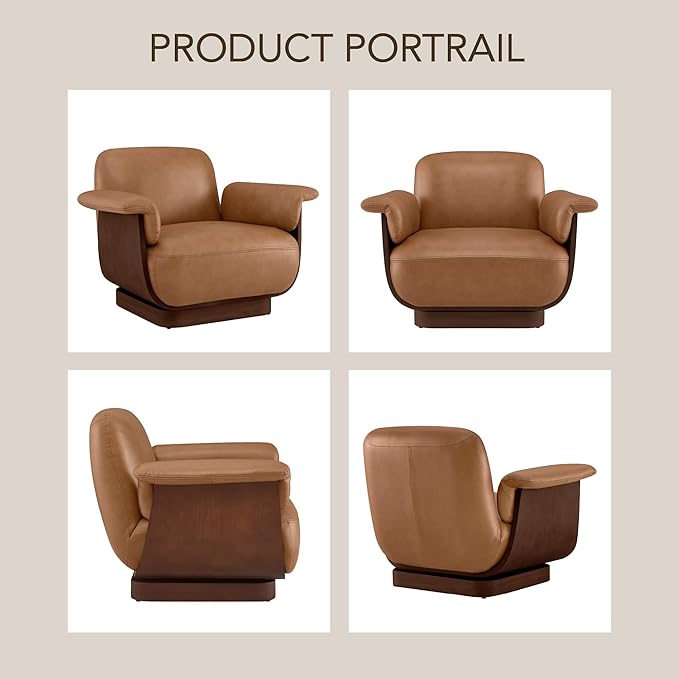 CHITA Genuine Leather Reclining Swivel Chair with Storage Ottoman, Modern Living Room Accent Chair with Lounge Seat for Bedroom, Office, Saddle