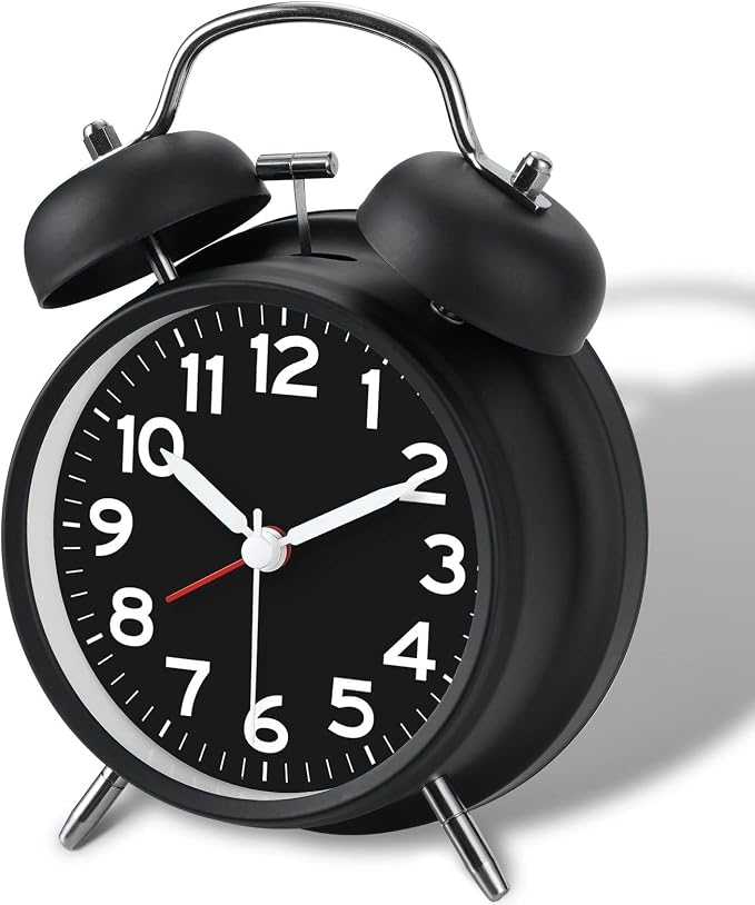 AKCISOT Loud Alarm Clock for Heavy Deep Sleepers, 4.5 Inches Analog Metal Twin Bell Clocks Battery Operated with Backlight for Bedroom Bseide, Old Fashioned for Desk Home Decoration (Black)