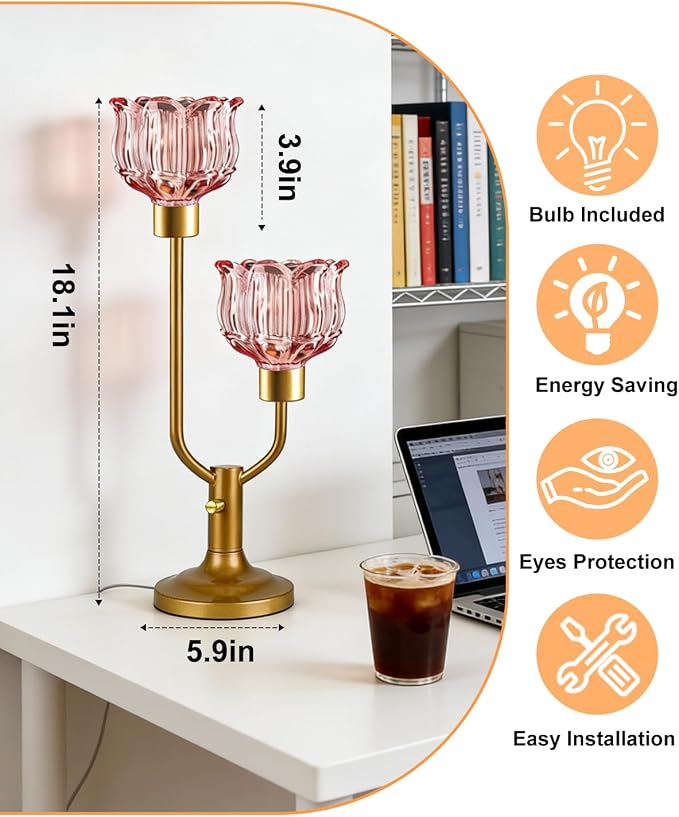 Lightdot Mid Century Modern Red Table Lamp Dimmable Vintage Gold Flower Desk Lamp Lotus Glass Nightstand Lamp 2 Bulbs Included Warmwhite Ambient Bedside Lamps for Living Room Bedroom Home Office Decor