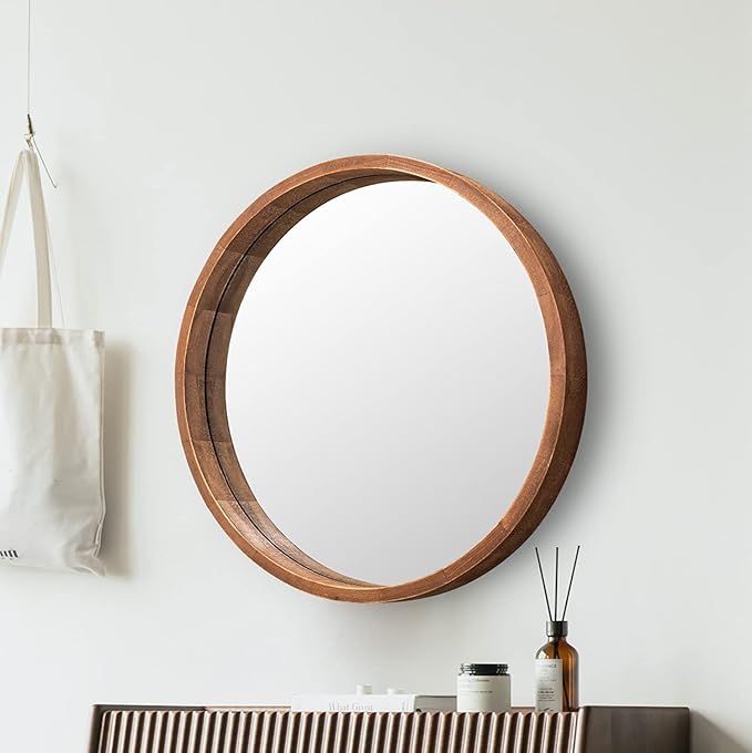 LYYYXGYP Round Wood Mirror 24 Inch Farmhouse Wall Mirror Wooden Framed Brown Circle Mirror for Bathroom