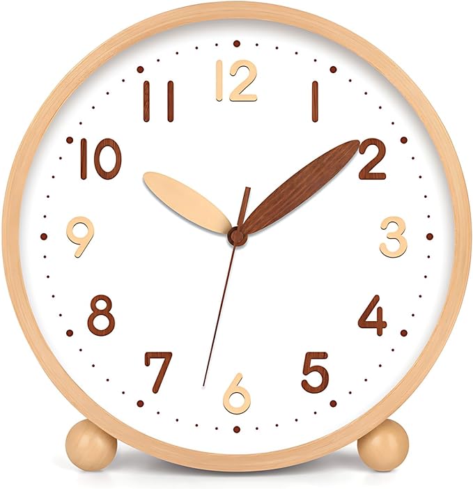 Maxspace Wooden Table Clock,8in Silent Non-Ticking Desk Clock,Battery Operated Desktop Analog Clock for Living Room Bedroom Kitchen Office Classroom Decor (Log - Double Wood Font)