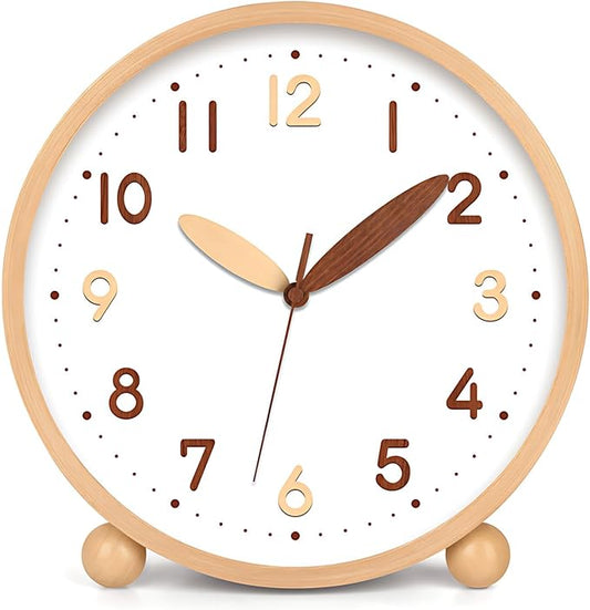 Maxspace Wooden Table Clock,8in Silent Non-Ticking Desk Clock,Battery Operated Desktop Analog Clock for Living Room Bedroom Kitchen Office Classroom Decor (Log - Double Wood Font)