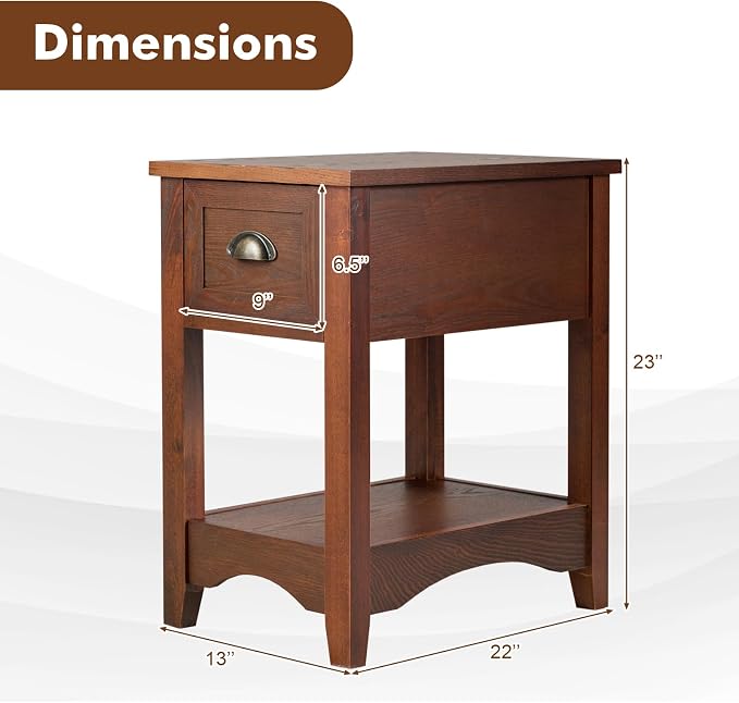 KOTEK End Table with Drawer and Open Shelf, Retro Narrow Side Table Nightstand w/Solid Wood Legs, Slim End Table for Small Space, Living Room, Bedroom, Home Office (Set of 2, Walnut)