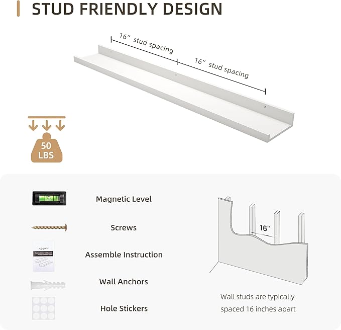Picture Ledge Shelf, Wood Floating Shelves Set of 2, 36 inch Picture Ledge Shelves, Photo Ledge Nursery Book Shelves Wall Mounted for Living Room Kids' Room Bedroom, Color White