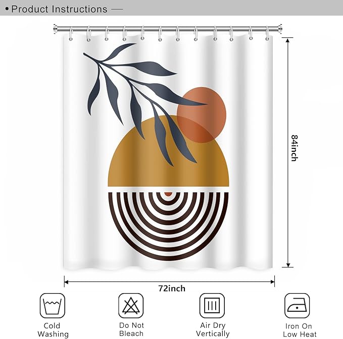 Mid Century Bohemian Bathroom Shower Curtain - Abstract Circle Eucalyptus Leaves Sun Boho Design With Hooks - Waterproof Fabric Polyester Aesthetics Home Decor, 72x84 Inch