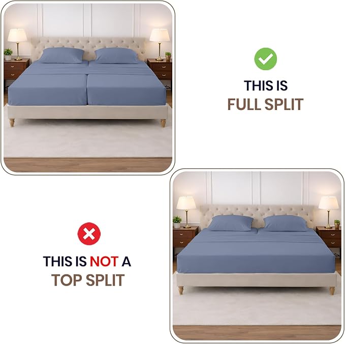 SGI Split King Sheet Set for Adjustable Bed Egyptian Premium Cotton 600 Thread Count Sheet for Sleep Number Bed 15" Deep Pocket 5 Pc Set with 2 Twin XL Fitted Sheets Soft Breathable Mediterranean Blue