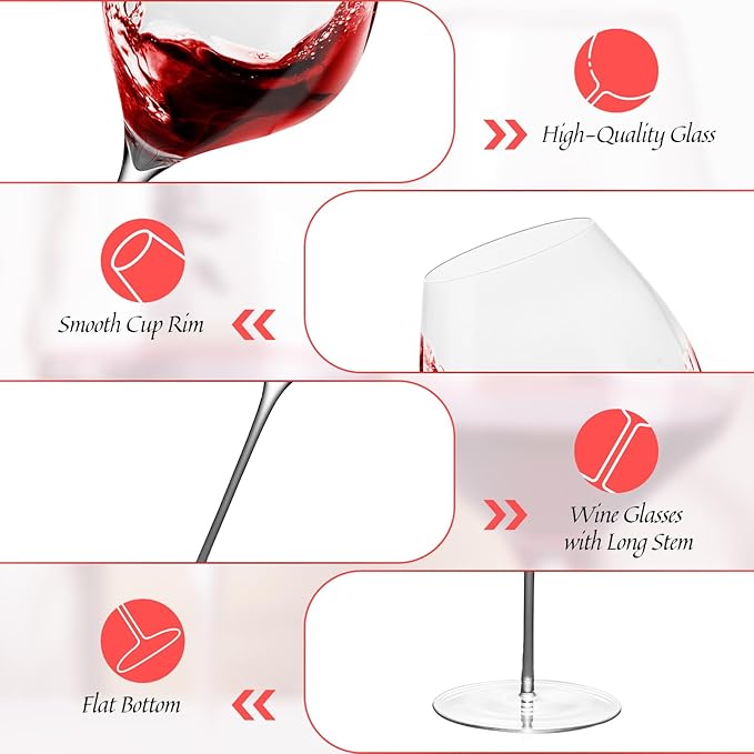 KAMMAK Wine Glasses Set of 2, 20.29 oz Hand Blown Crystal Bordeaux Wine Glasses, Thin Rim & Long Stem, Perfect for Red & White, Daily Use, Wedding or Birthday Gift with Gift Box, Wuji