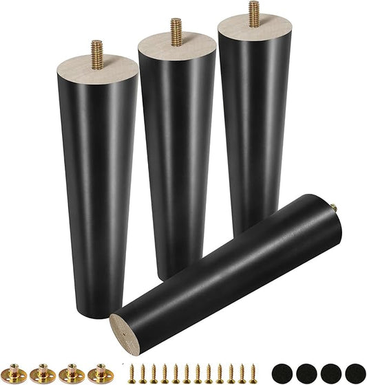 FoDau770 Black Rubber Wood Furniture Legs 8 Inches, Straight Tapered Wood Feet Mid Century Sofa Legs Set of 4, 5/16" UNC Furniture Feet for Cabinet Couch Dresser Chair Ottoman Table