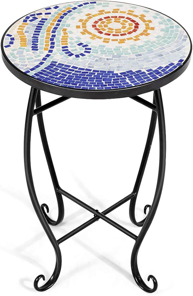Giantex Outdoor Side Table, Mosaic Patio Table, 14inch Accent Table Plant Stand Indoor, Ceramic Tile Top Metal Frame, Small End Table Porch Beach Patio Garden Balcony Poolside