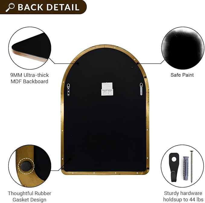 ANDY STAR Arched Mirror, 22" x 35" Gold Bathroom Mirror in Stainless Steel Metal Frame, Arch Top Rounded Corner 1" Deep Set Design Wall Mount Hangs Vertical