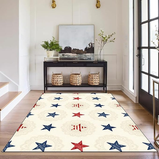 Star Area Rug 3'x5' Vintage Red Blue White Carpet Washable Low Pile Floor Mat Rugs for Entryway Bedroom Living Room Nursery Kitchen Playroom Home Decor