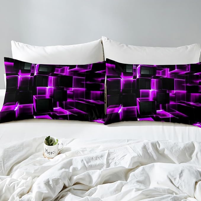 Erosebridal Purple Black Geometric Duvet Cover Queen Size 3D Stereoscopic Square Bedding Sets, Glowing Neon Squares Bed Cover 3 Piece Gradient Grid Plaid Bed Set (No Comforter)