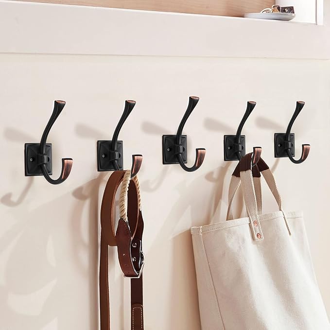 Large Wall Hooks 2 Pack Oil Rubbed Bronze Coat Hooks Hardware Towel Hooks for Hanging Coats 4.35 Inch Double Robe Hooks Wall Mounted with Screws for Key, Towel, Bags, Cup, Hat