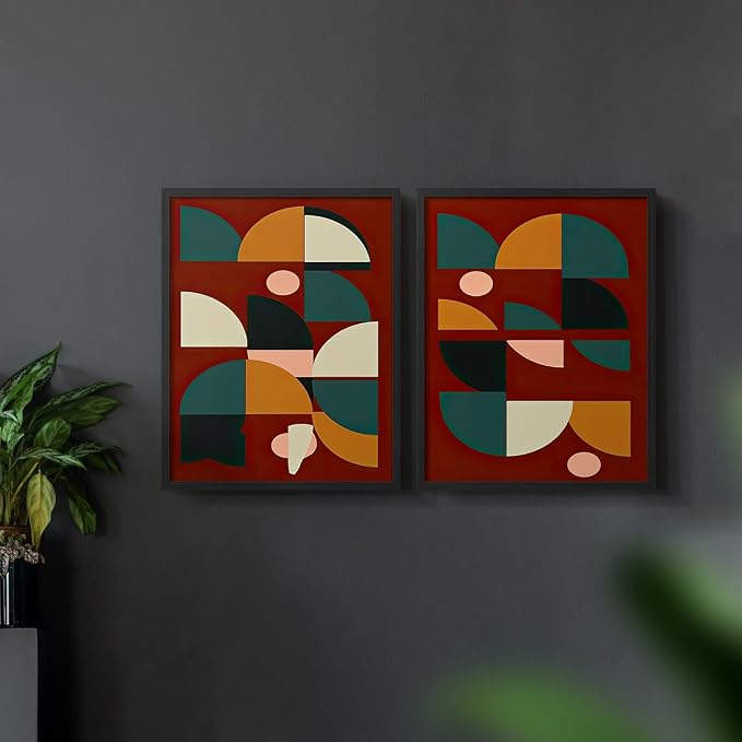 Renditions Gallery Set of 2 Peel & Stick Framed Prints, Mid Century Abstract Wall Art, Modern Geometric Shapes Wall Decor, Re-Stickable - Ready to Hang - 11"x14" - Black Frame LT588