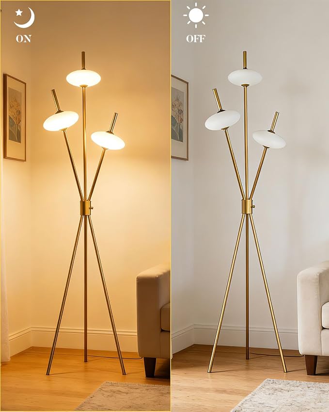 Lightdot Tripod Floor Lamp Stepless Dimmable Gold Standing Tall Lamps with 3PCS Elliptical Lampshades Mid Century Modern Floor Lamps for Living Room/Bedroom/Sofa Beside/Corner Decor