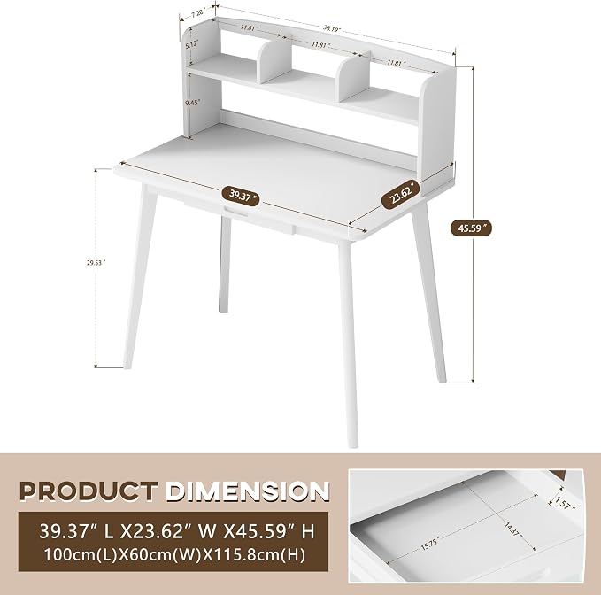 IOTXY Small Writing Desk with Hutch - 39.4" Work Computer Study Table with Drawer for Home and Office, White