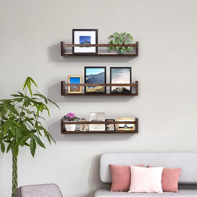 AZSKY Nursery Book Shelves 24 Inch Deep Walnut Floating Bookshelf for Kids Room Wall Mounted Floating Shelves Solid Nursery Bookshelf Perfect Decor for Kitchen Bedroom Living Room Set of 3